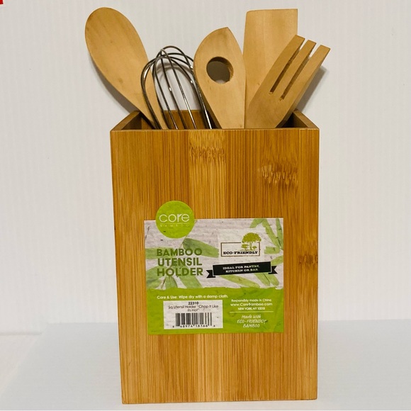 BAMBOO Kitchen Utensil Holder Chop it Like it's Hot 5" x 5" x 7" Tall - Picture 10 of 11